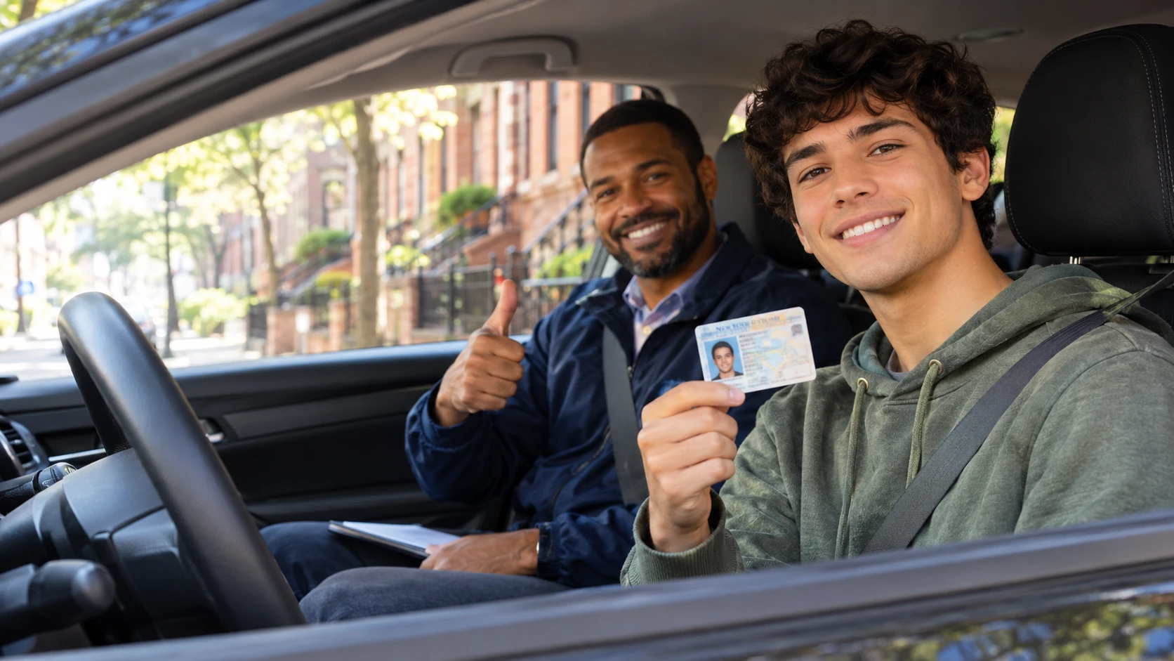 New York driving student holding a learner permit in the car next to a driving instructor