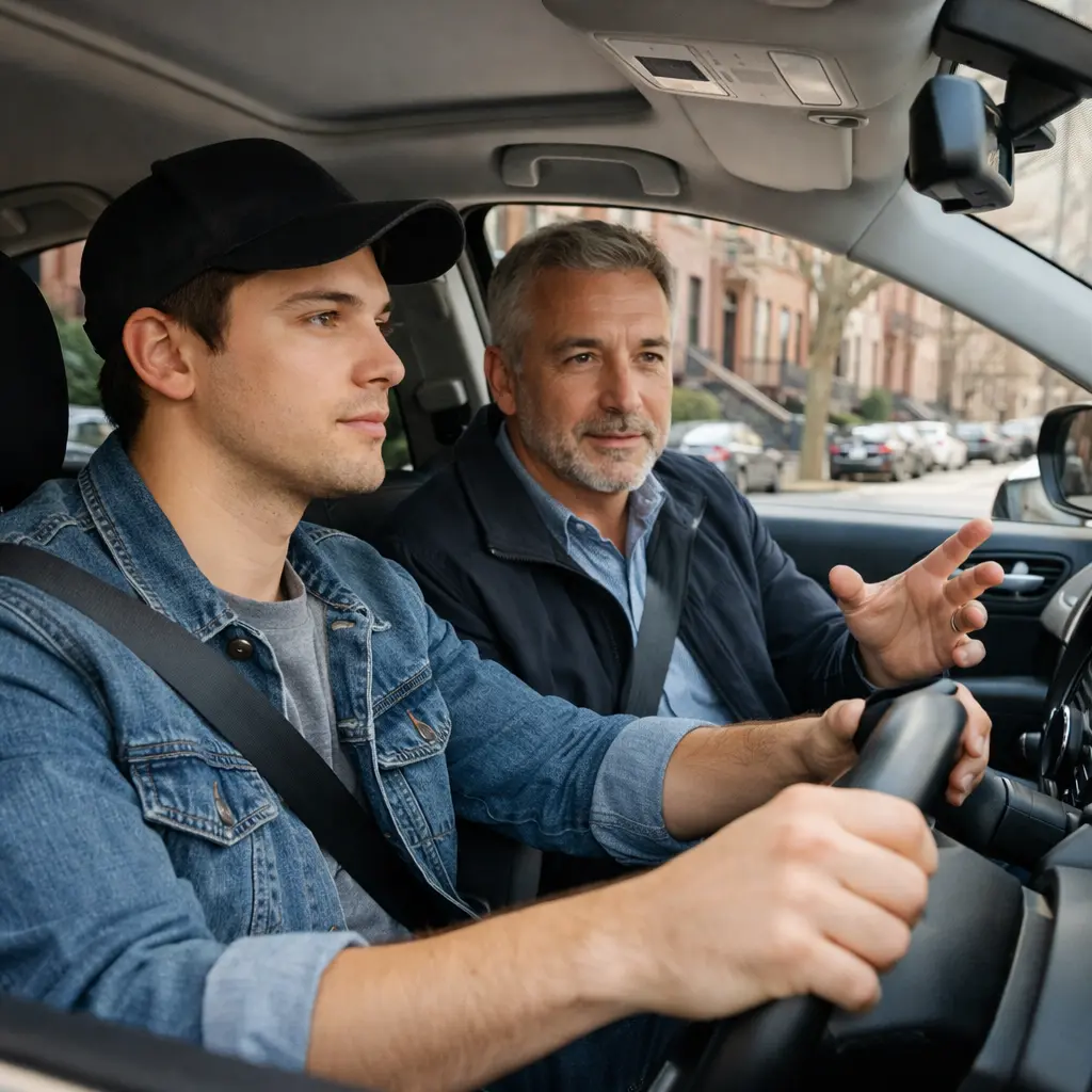 an instructor guiding an adult driver during a brooklyn driving lesson