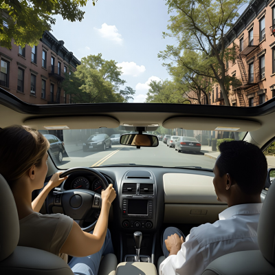 Beginner driver adjusting mirrors during first driving lesson in Brooklyn
