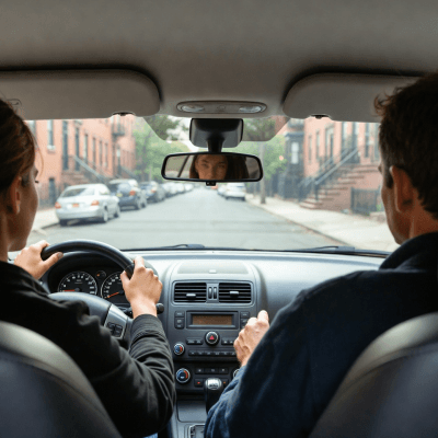 Female learner practicing basic driving during first driving lesson in Brooklyn
