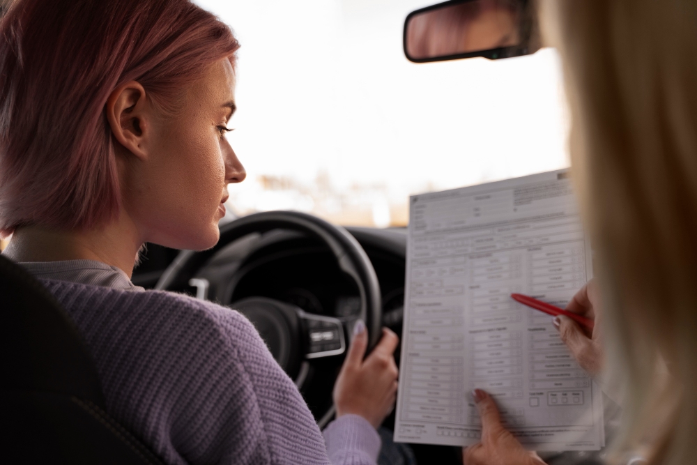 A learner driver behind the wheel with an instructor in the passenger seat