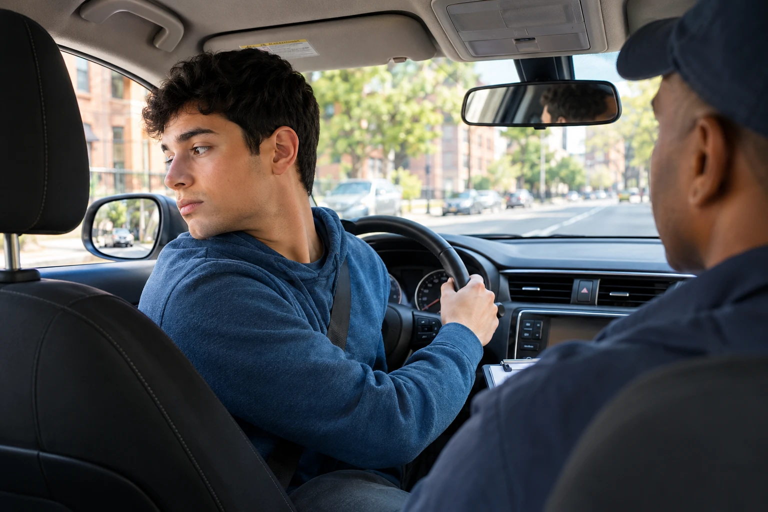 Male learner driver checking his blind spot during a driving lesson
